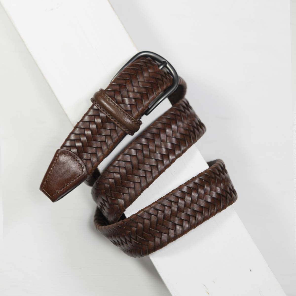 3,5 cm STRETCH WOVEN TAN LEATHER BELT