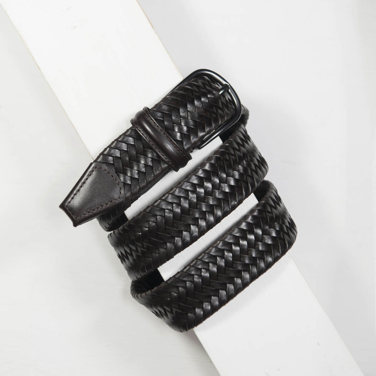 3,5 cm STRETCH WOVEN BROWN LEATHER BELT