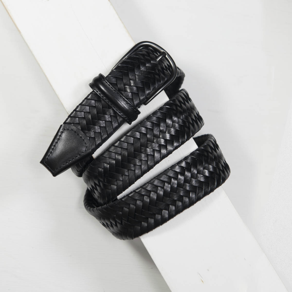 3,5 cm STRETCH WOVEN BLACK LEATHER BELT