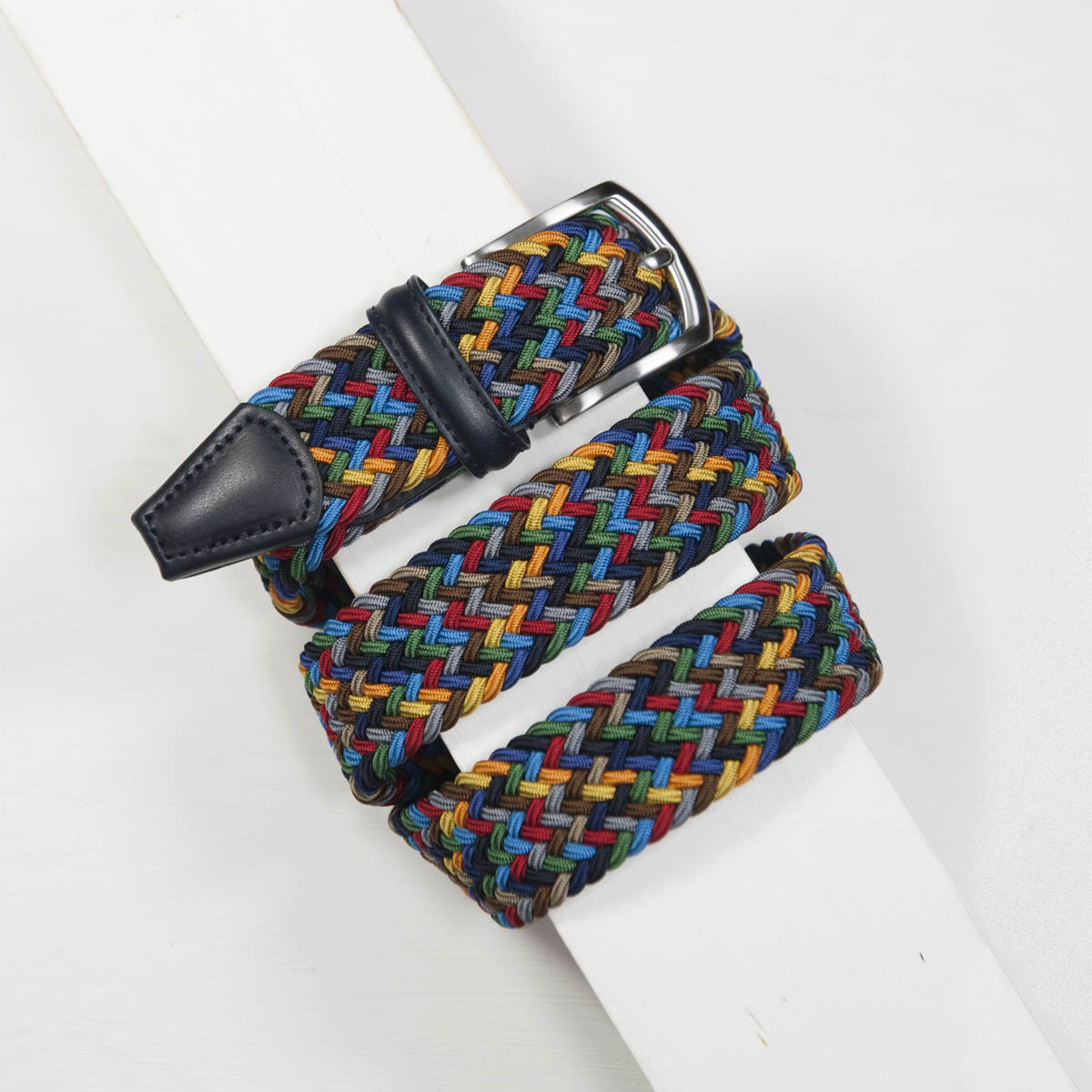 3,5 cm CLASSIC MULTI COLOUR ELASTIC WOVEN BELT NAVY/ORANGE/YELLOW/AQUA/BROWN